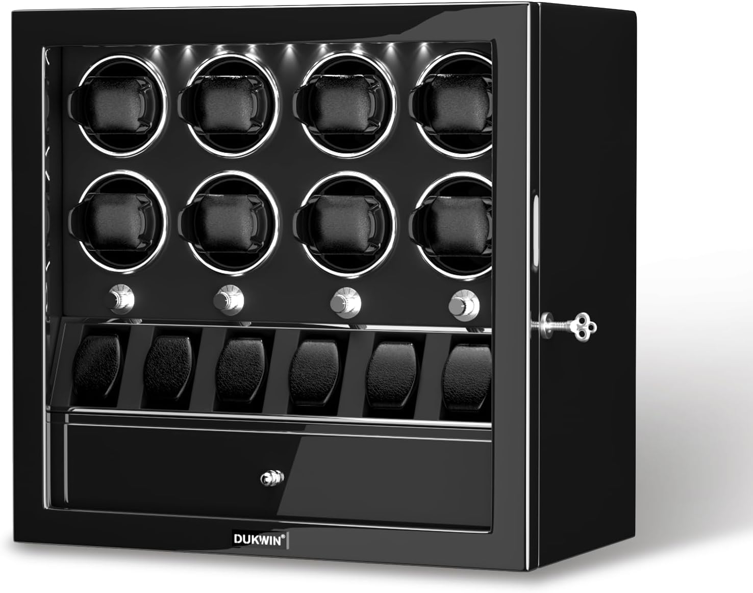 DUKWIN Watch Winder for 4/6/8 Automatic Watches, Lockable Winders with Watch Holders and Jewelry Storage, Super Quiet Motor with High-Gloss Finish, Built-in Illumination
