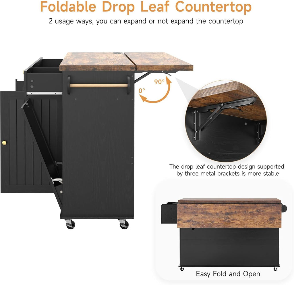 60' Kitchen Island with Power Outlet & Drop Leaf, Kitchen Rolling Island with Spice Rack & Towel Rack, Knife Holder, Kitchen Island Cart with Trash Storage Cabinet, Mobile Island Table for Kitchen