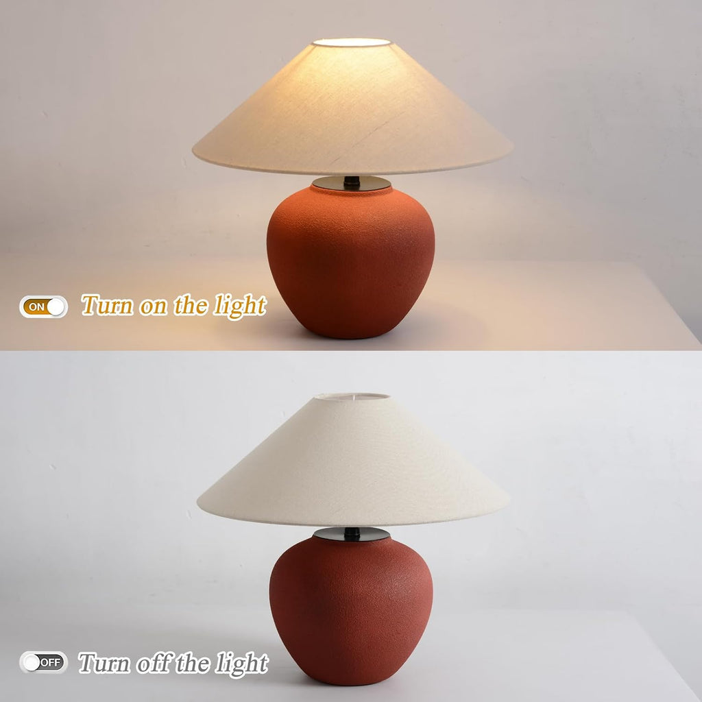 Farmhouse Table Lamp Red 18.8' Ceramic Table Lamp Southwestern Natural Red Clay Pot Lampbody with Beige Linen Shade Nightstand Lamp for Bedroom Living Room Entryway (D15.7*H14.9(Small))