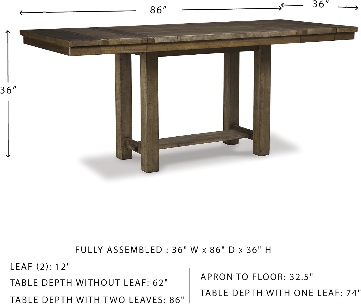 Signature Design by Ashley Moriville Rustic Farmhouse Counter Height Dining Extension Table, Separate Extension Leaves, Seats 8, Wood, 36' W x 86' D x 36' H, Brown