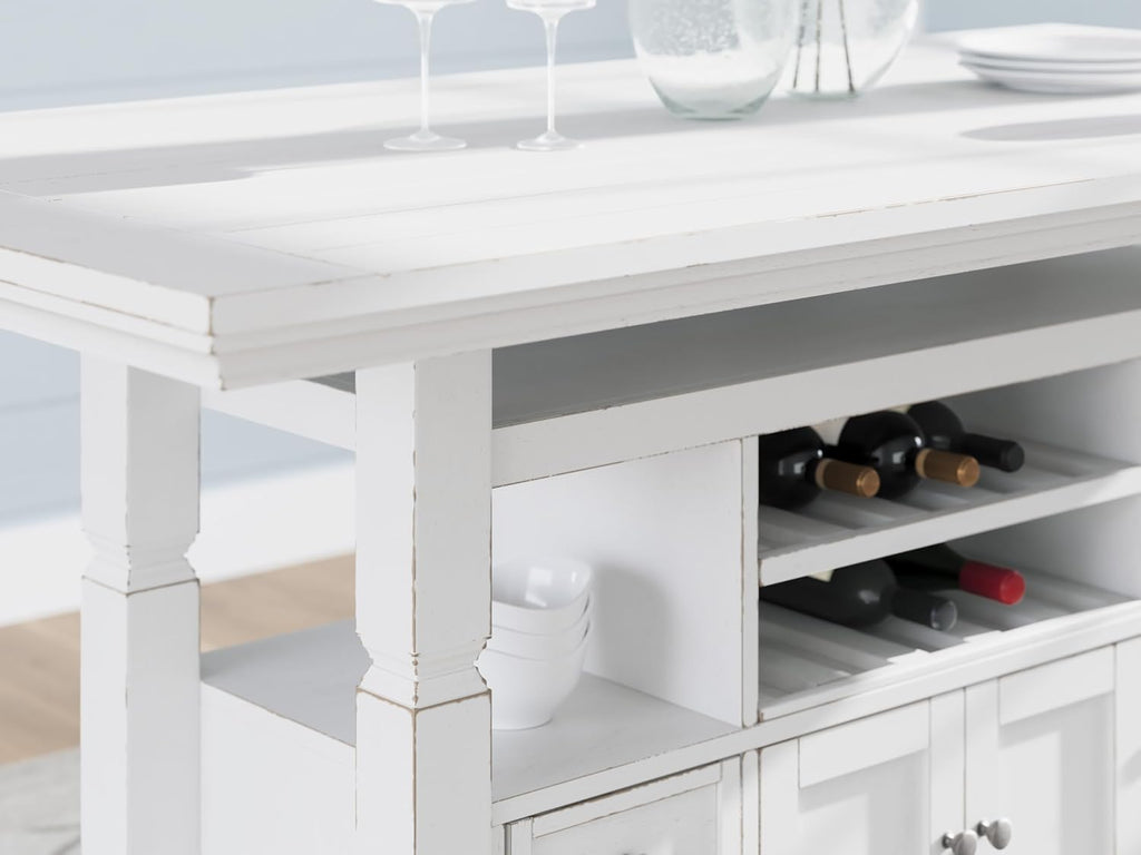 Signature Design by Ashley Robbinsdale Casual Counter Height Dining Table with 10 Bottle Wine Storage, Open Shelves, Drawers and Cabinet, Antiqued White Finish, 36' W x 72' L x 37' H