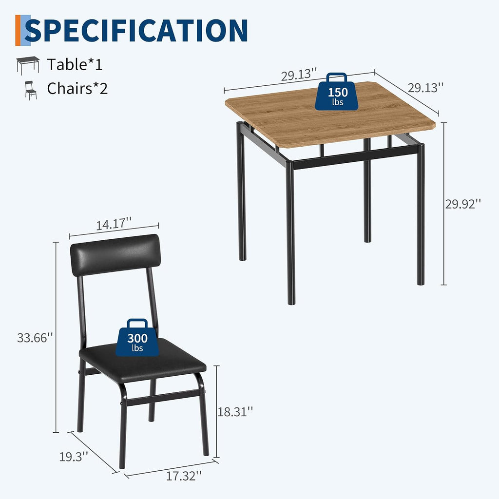 Garvee 3 Piece Dining Table Set, Kitchen Table Set for 2 with 2 PU Upholstered Chair, Industrial Metal Frame Dinette Set for Small Space, Dining Room, Apartment, Studio, Black