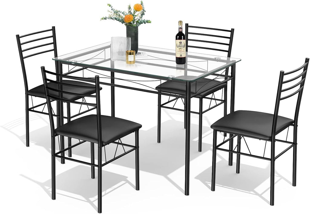 Tangkula Dining Table Set, 5 Pieces Dining Set with Tempered Glass Top Table and 4 Chairs, Kitchen Dining Room Furniture, Black