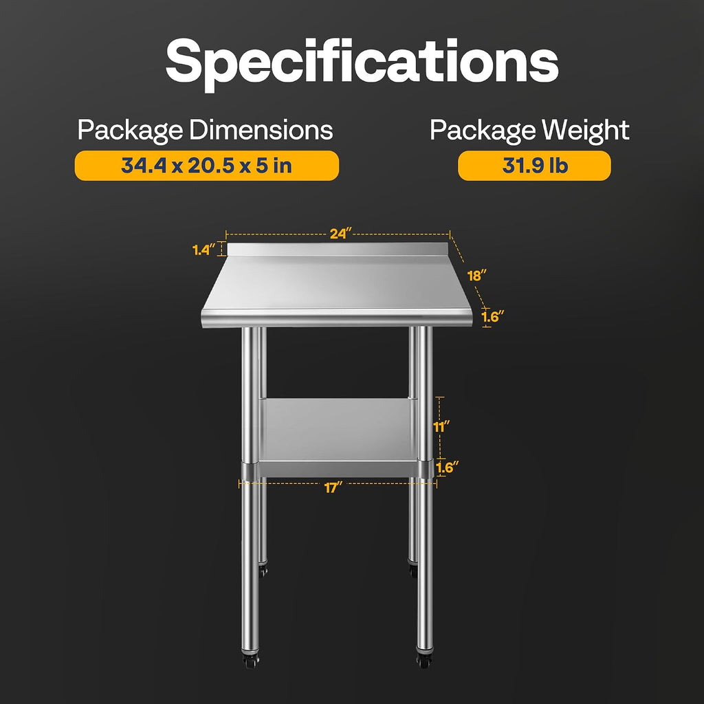 VIVOHOME 24 x 18 Inch Stainless Steel Work Table with Backsplash, Prep Commercial Table with Wheels for Restaurant, Hotel, Home and Warehouse