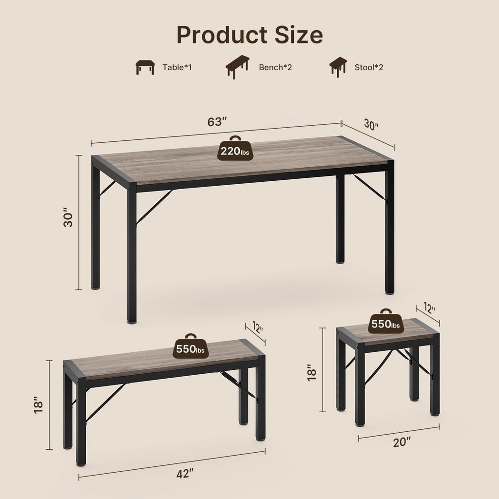 Gizoon 63' Dining Room Table Set for 6, Kitchen Table with 2 Benches and 2 Stools, Dining Table Set with Metal Frame, Space-Saving Kitchen Table Set for Apartment, Grey