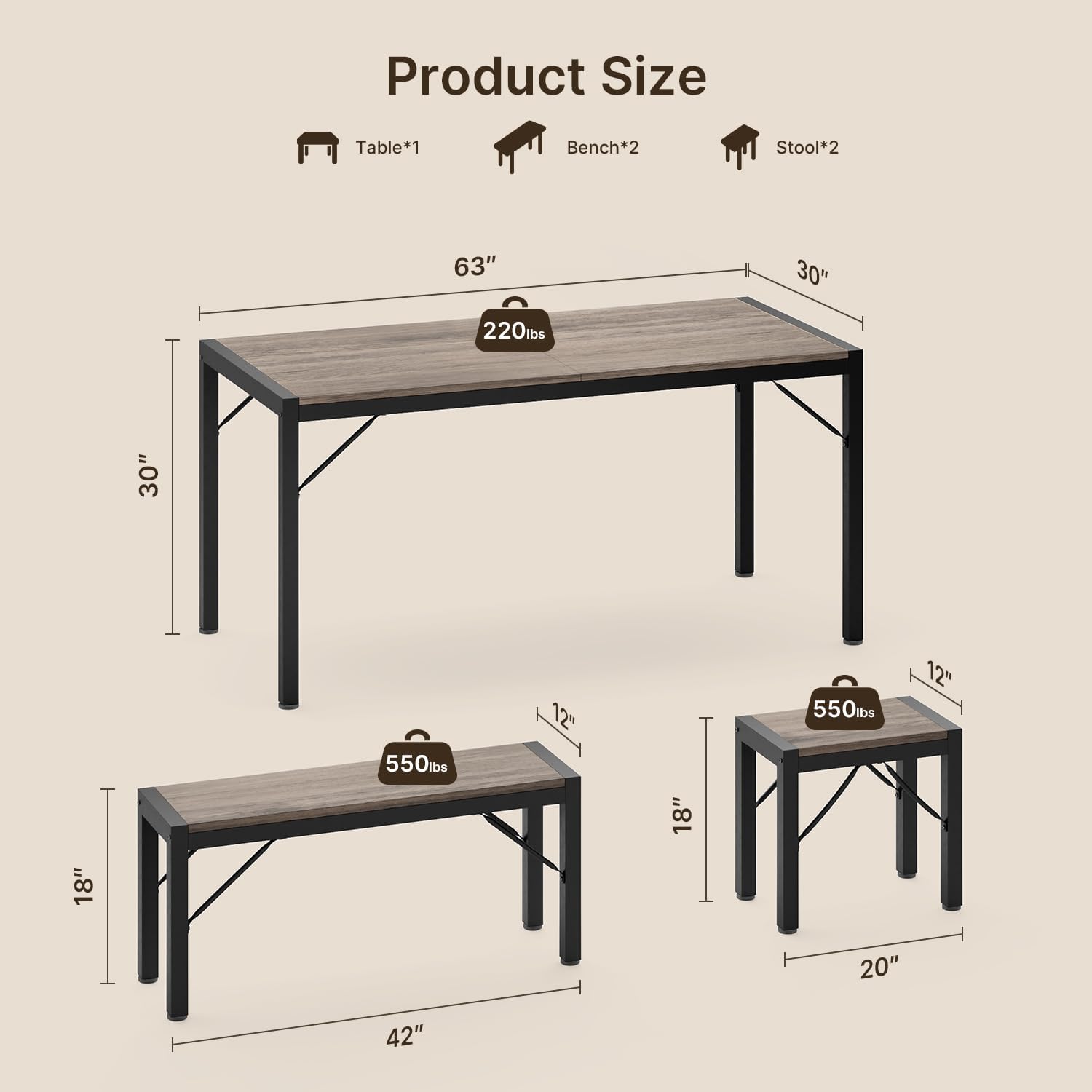 Gizoon 63' Dining Room Table Set for 6, Kitchen Table with 2 Benches and 2 Stools, Dining Table Set with Metal Frame, Space-Saving Kitchen Table Set for Apartment, Grey