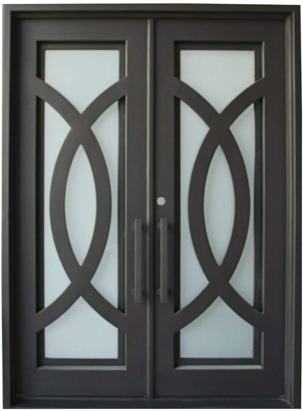 Bellevue Exterior Pre-Hung Double Front Entry Door Wrought Iron with Operable Tempered Frosted Glass Inside Swing Dark Bronze Finish (72 By 96 Right Hinge Active)