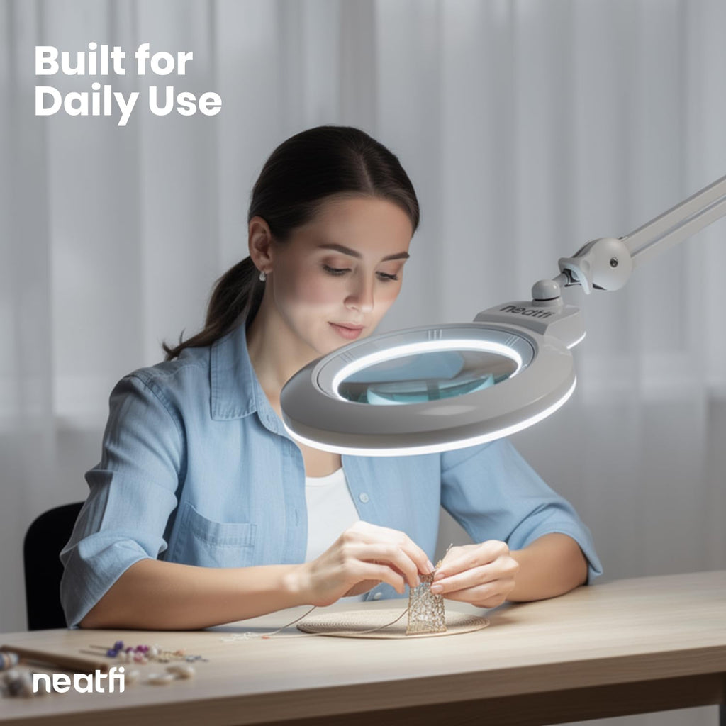 Neatfi XL LED Magnifying Lamp, Hands-Free, Dimmable, Crafts, Reading, Close Work (White, Non-CCT with Base)