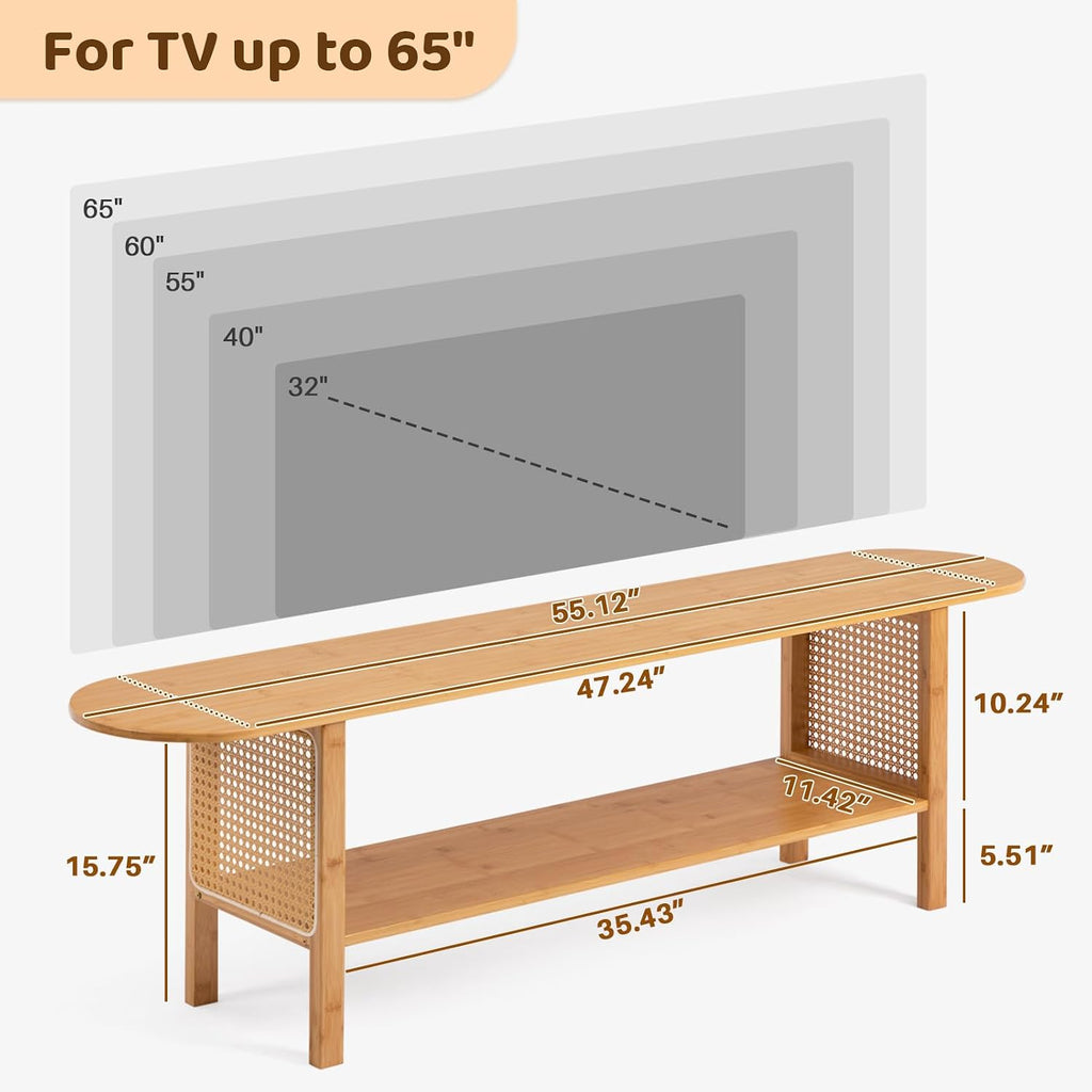 HollyHOME Bamboo TV Stand with Storage for TVs up to 65', Modern Entertainment Center with Rattan Side, Accent TV Table with 2 Shelf, Media Console TV Stand for Living Room, Bedroom, Burlywood