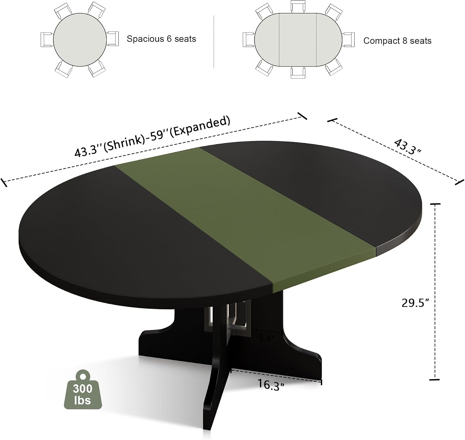 Feonase 59' Round Extendable Dining Room Table for 4-6, Modern Oval Kitchen Table with Heavy Duty Wood Base, Metal Frame Support, for Kitchen Dining Living Room, Easy Assembly, Black