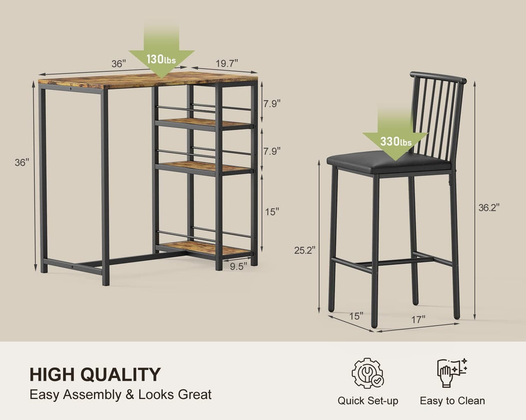 Gizoon Dining Table Set for 2 with 3 Storage Shelves, Kitchen Table and Chairs for 2 with Pu Cushion Chairs & Thick Wood Top, 3 Piece Dining Table Set for Small Space, Apartment - Retro