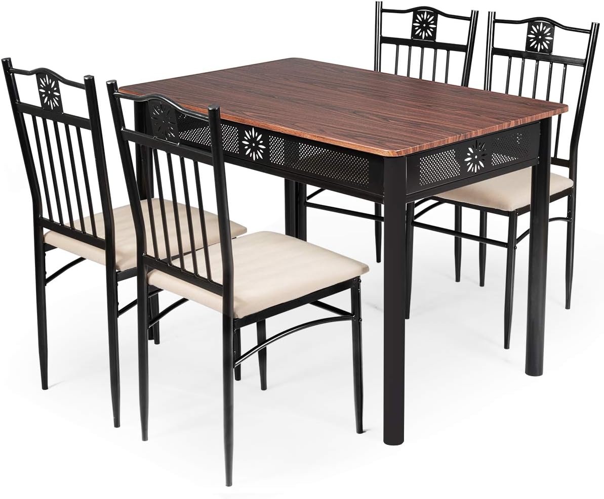 Tangkula 5 Pieces Dining Table and Chairs Set, Vintage Retro Wood Top Metal Frame Padded Seat Dining Table Set Home Kitchen Dining Room Furniture