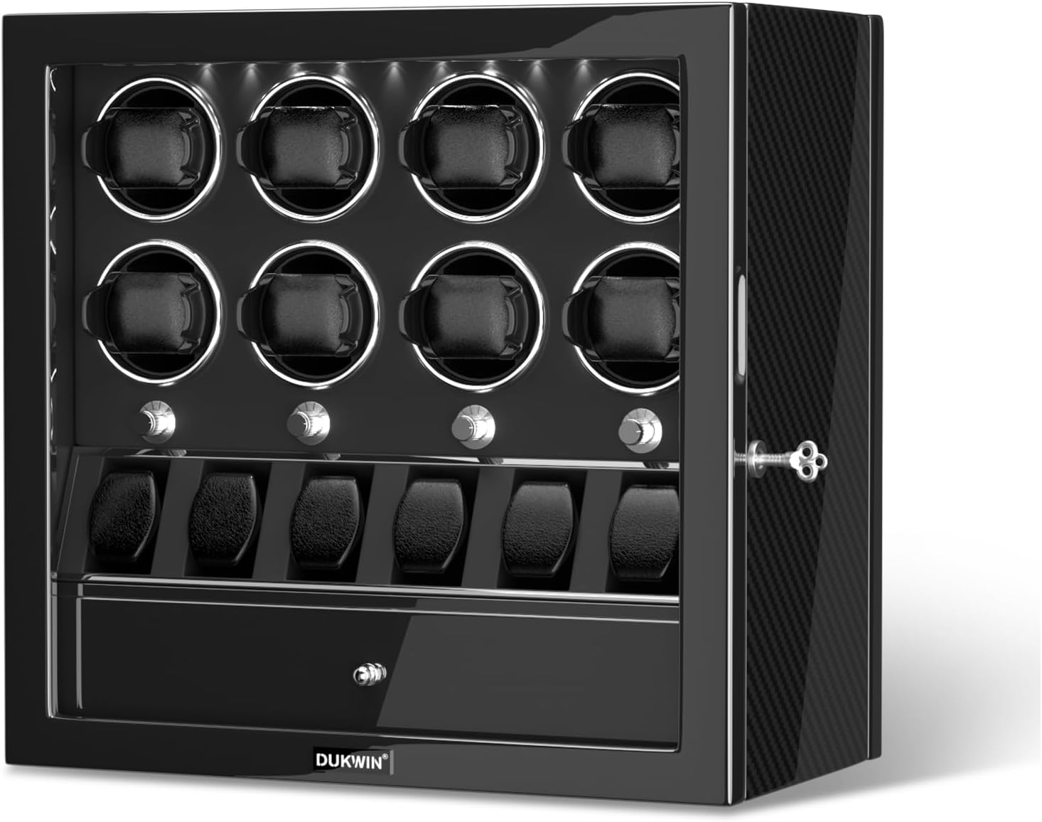 DUKWIN Watch Winder for 4/6/8 Automatic Watches, Lockable Winders with Watch Holders and Jewelry Storage, Super Quiet Motor with High-Gloss Finish, Built-in Illumination