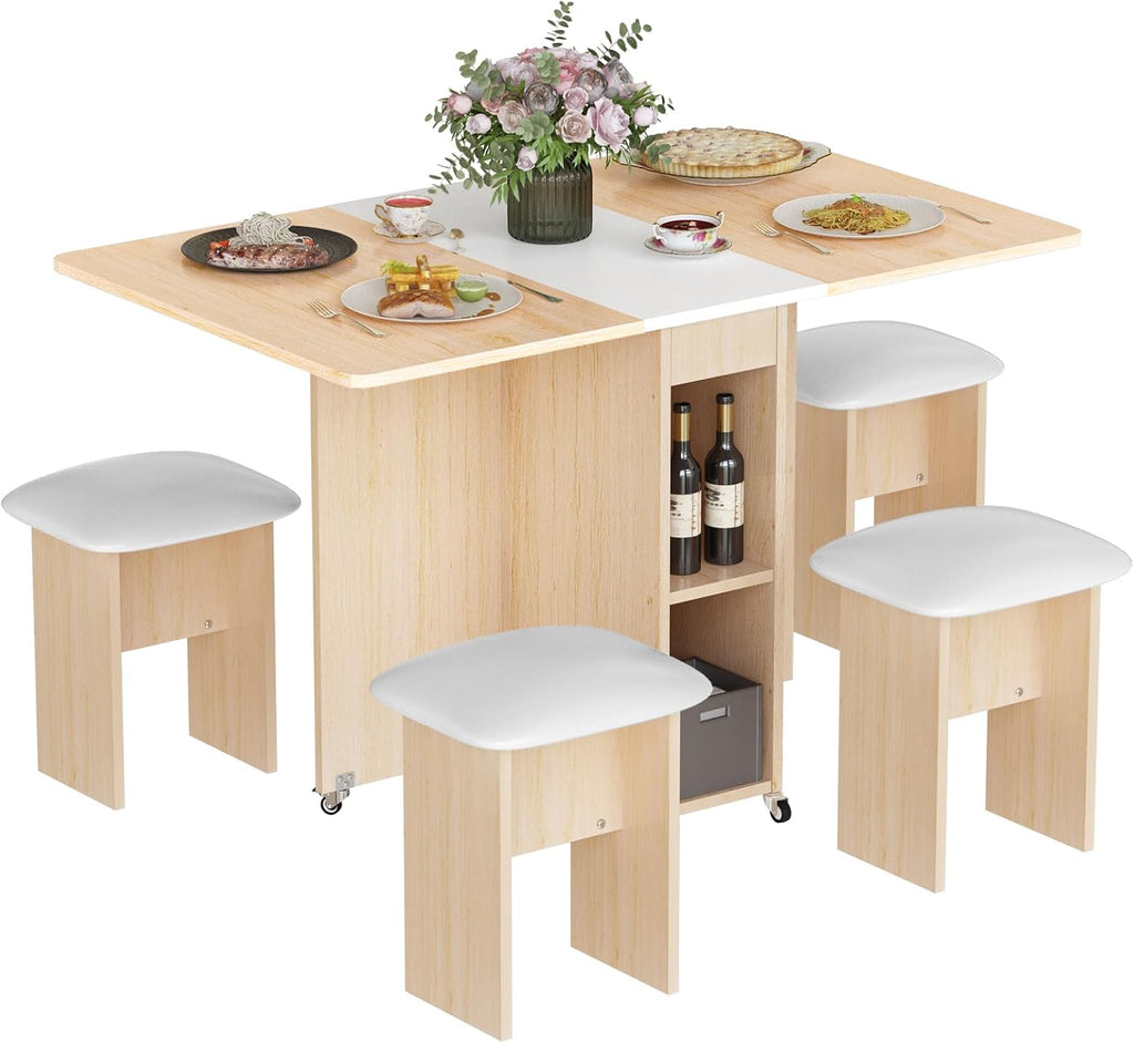 AWQM Foldable Dining Table Set for 4,Folding Dining Table with 4 Leather Chairs & Storage,Drop Leaf Dinner Table with 6 Wheels,Folding Kitchen Table and Chairs Set for Small Spaces, Beige White