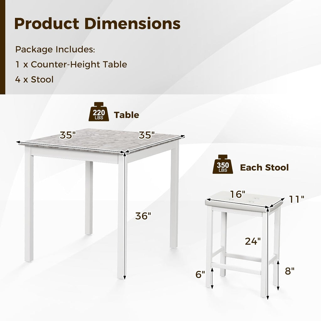 Giantex Dining Table Set for 4, Counter Height Dining Set with 4 Bar Stools, Space-Saving Kitchen Table Chairs Set for Small Place, Dinette, Breakfast Nook (White)