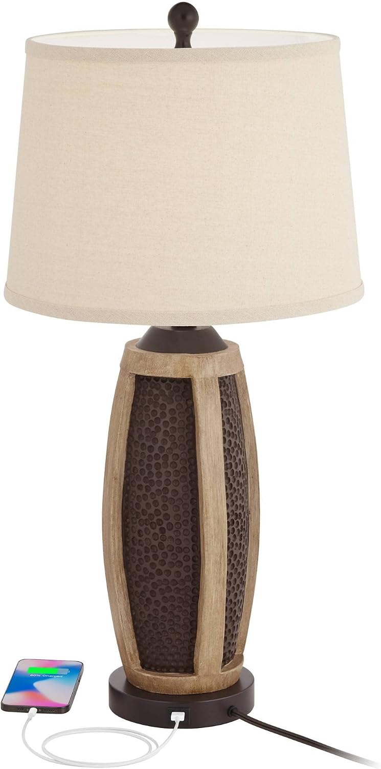 John Timberland Parker Industrial Rustic Table Lamps 30' Tall Set of 2 with Round Risers USB Charging Port Hammered Bronze Wood Oatmeal Drum Shade for Living Room Bedroom House Bedside Home
