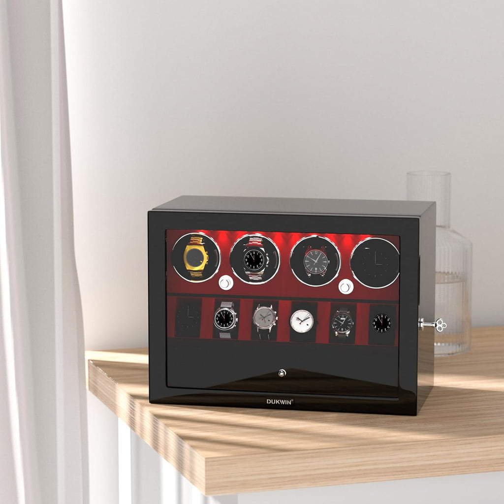 DUKWIN Watch Winder for 4/6/8 Automatic Watches, Lockable Winders with Watch Holders and Jewelry Storage, Super Quiet Motor with High-Gloss Finish, Built-in Illumination