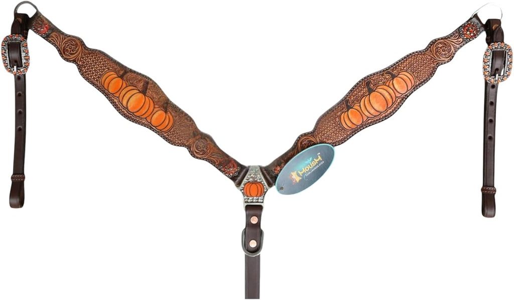 Spooky Western Leather Horse Tack Set - Hand Painted Halloween Pumpkin Headstall & Breast Collar with Floral Tooling, Rhinestones, and Window Carving
