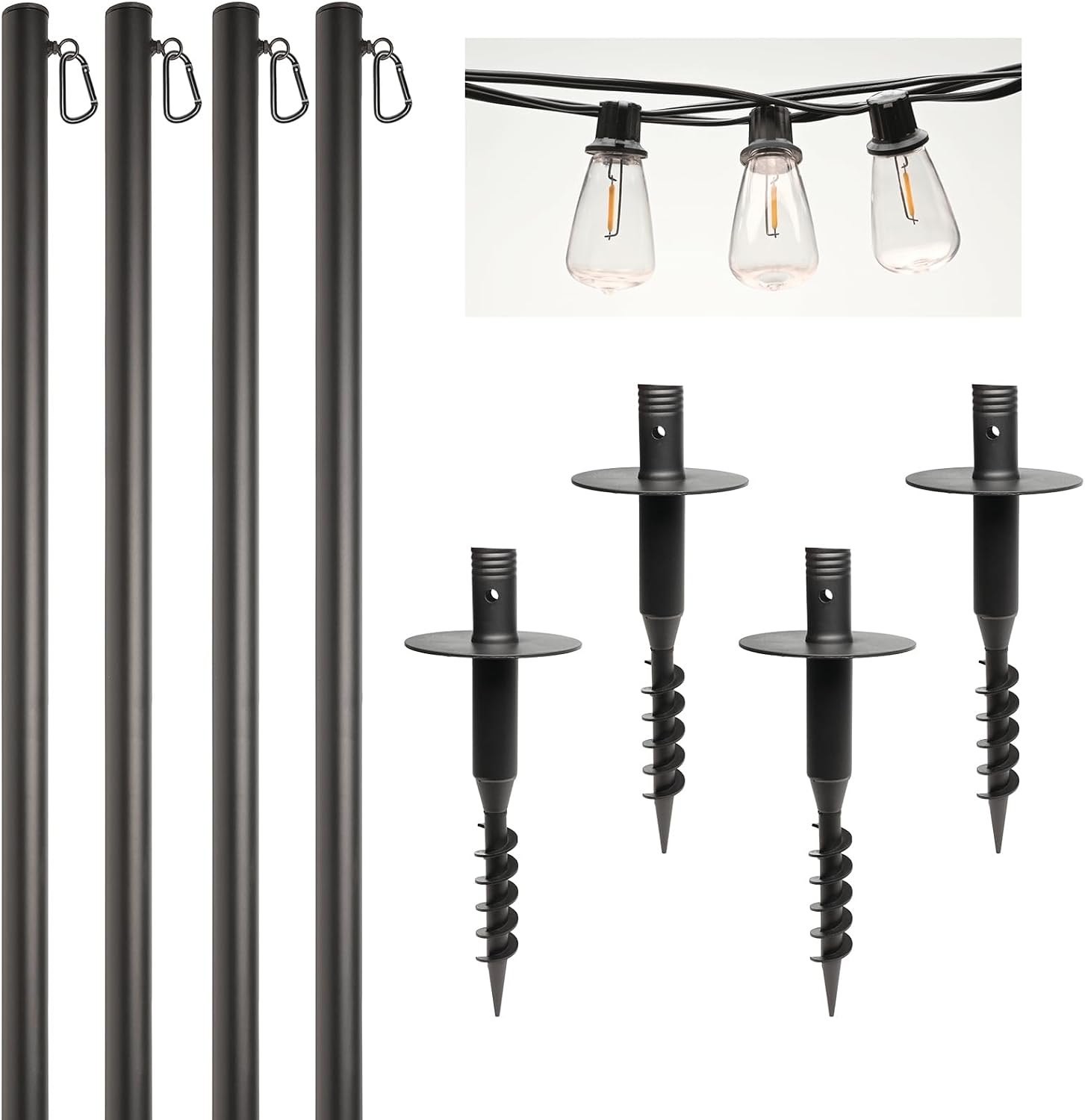 EXCELLO GLOBAL PRODUCTS Premium String Light Pole 4 Pack with 100' of LED Edison Bulb String Lights (Yard Mount)