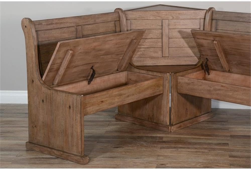 Pemberly Row 75' x 56' Farmhouse Wood Breakfast Nook Set with Table, Lift Seats, Hidden Storage, Reversible Benches, for Small Spaces, in Buckskin/Taupe Brown Finish