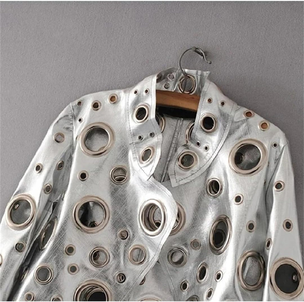 Women Spring Short Golden Rivet Stand Collar Hollow Faux Leather Jacket