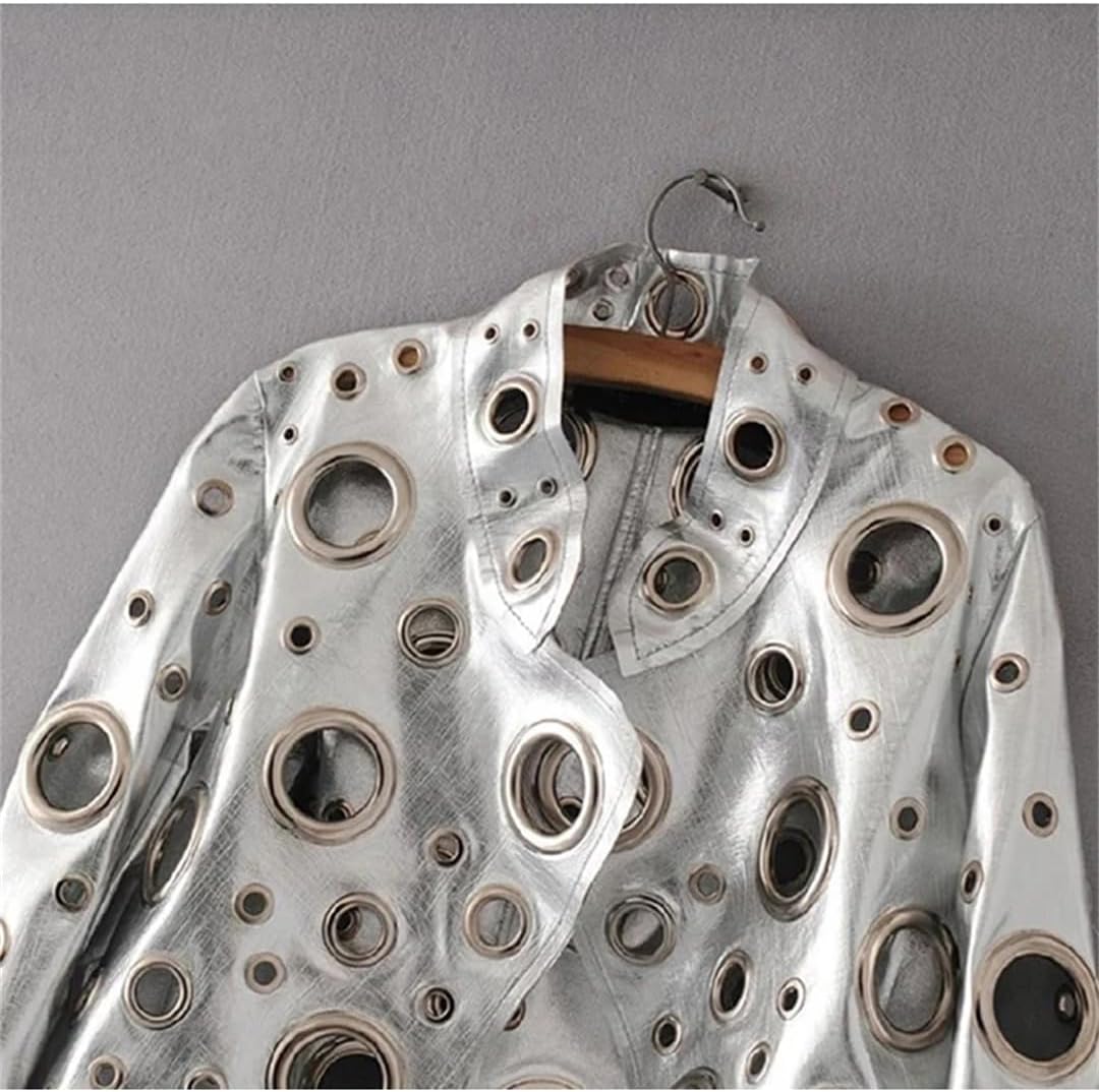 Women Spring Short Golden Rivet Stand Collar Hollow Faux Leather Jacket