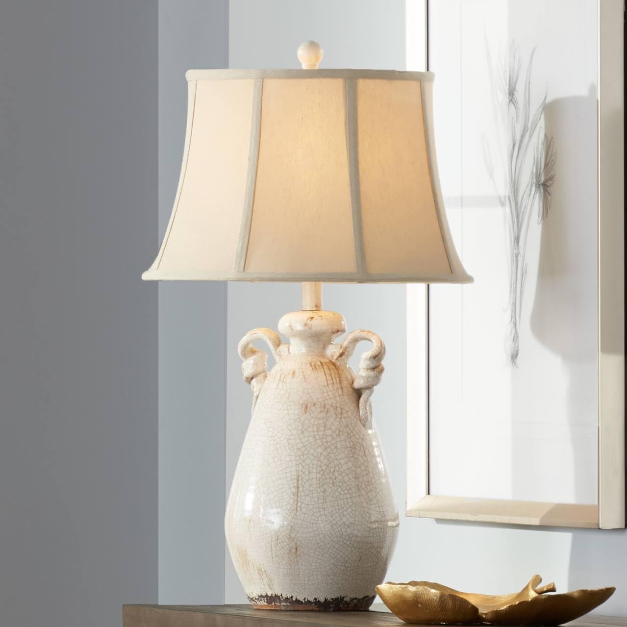 Regency Hill Isabella Rustic Country Cottage Core Table Lamp 27' Tall with Dimmer and USB Charging Port Ivory Crackled Ceramic Beige Bell Shade for Bedroom Living Room House Home Bedside Nightstand