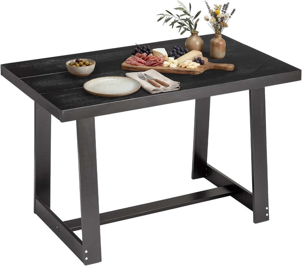VINGLI 48 Inch Farmhouse Dining Table for 4-6, Solid Pine Wood Table with 4 Corner Protectors, Rectangular Dining Table for Kitchen, Dining Room, Small Apartment, Studio, Family Dinner, Black