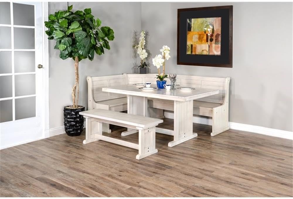 Pemberly Row 75' x 56' Farmhouse Wood Breakfast Nook Set with Table, Storage, Reversable Benche, L-Shaped Corner Bench, for Dining Room, in Marble White Finish