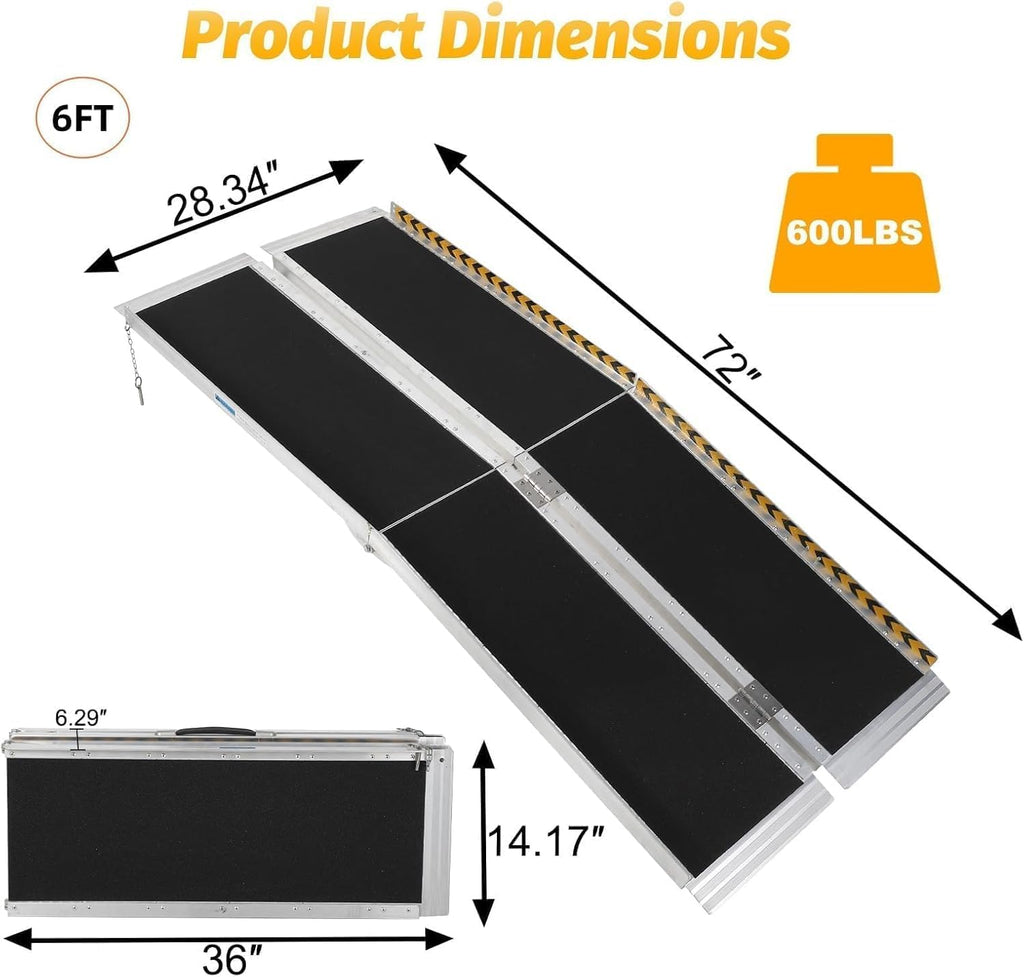 6FT Portable Wheelchair Ramp, Portable Access Ramp with Textured Surface, Reflective Edges & Carry Handle, Aluminum Folding Mobility Ramps for Threshold, Steps, Curbs, Doorways