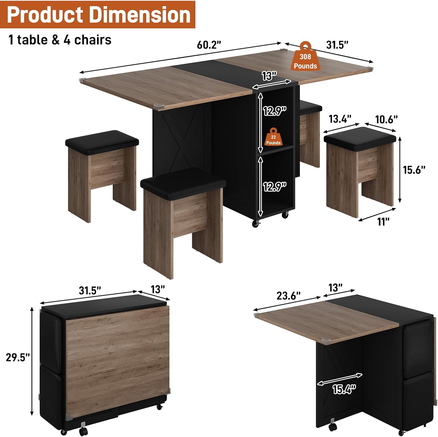 5 PCS Farmhouse Dining Table Set for 4,60' Large Folding Dining Table Set w/ 4 Leather Chairs, Drop Leaf Foldable Kitchen Table for Small Spaces,Barn Door Design,6 Wheels,2-Layer Storage Shelf,Black