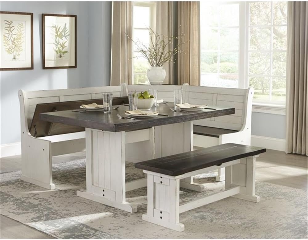 Pemberly Row Wood Breakfast Nook Set, Off White and Dark Brown Finish, Mahogany Base, Hidden Storage Benches, Reversible Design, Two-Toned European Cottage Style Dining Set for Small Spaces