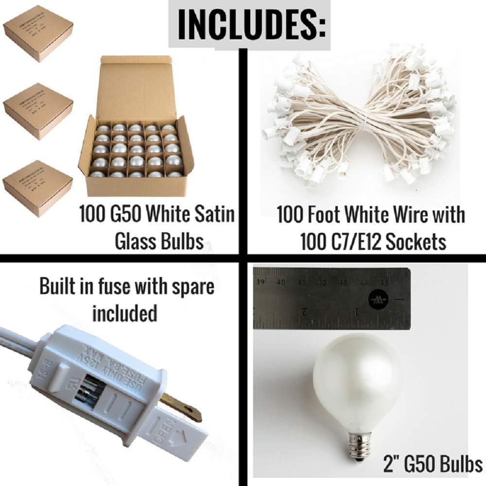 Hometown Evolution, Inc. 100 Foot Outdoor Globe Patio String Lights - Set of 100 G50 White Pearl 2 Inch Bulbs with White Cord