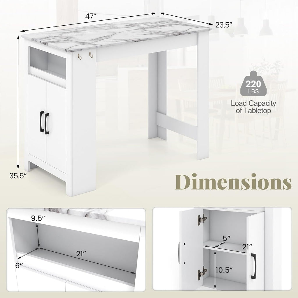COSTWAY Bar Table, Modern Faux Marble Breakfast Table with 7 Hanging Hooks, Open Compartment, Storage Cabinet & Adjustable Shelf, Counter Height Dining Table for Kitchen, Dining Room, Living Room