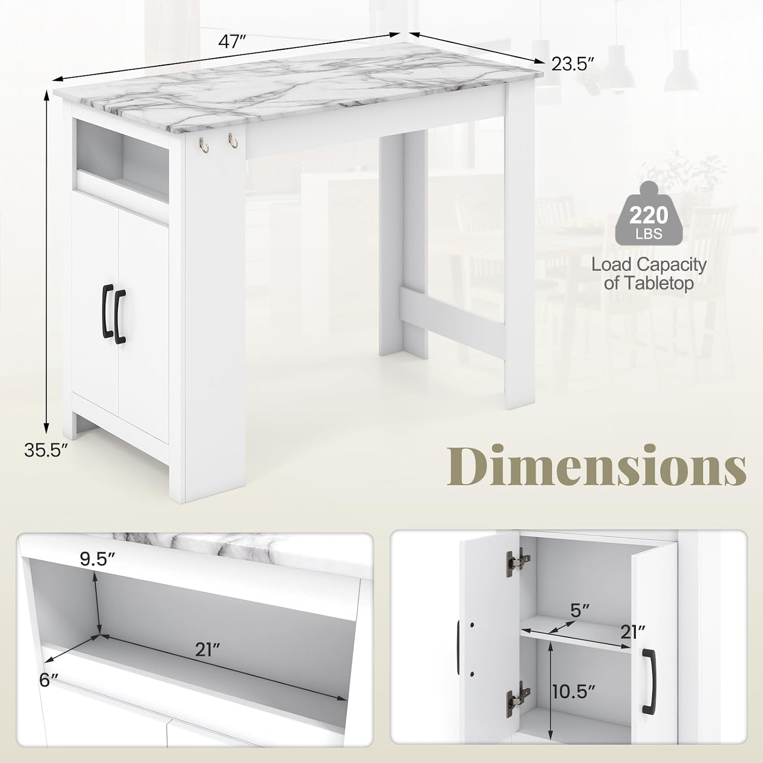 COSTWAY Bar Table, Modern Faux Marble Breakfast Table with 7 Hanging Hooks, Open Compartment, Storage Cabinet & Adjustable Shelf, Counter Height Dining Table for Kitchen, Dining Room, Living Room