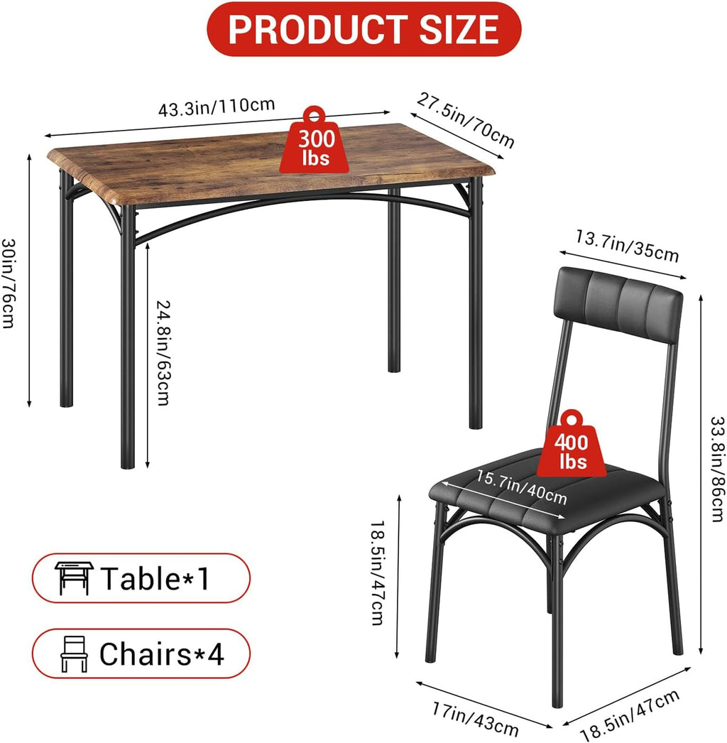 GarveeHome Dining Table Set for 4, Kitchen Table with 4 Upholstered Chairs, Wood Rectangular Dining Table and Chairs Set, for Small Space, Apartment, Dinner, Rustic Brown