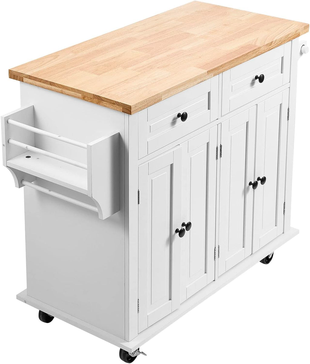 VEVOR Kitchen Island Cart with Solid Wood Top, 35.4' Width Mobile Carts with Storage Cabinet, Rolling Kitchen Table with Spice Rack, Towel Rack, and Drawer, Portable Islands on Wheels, White