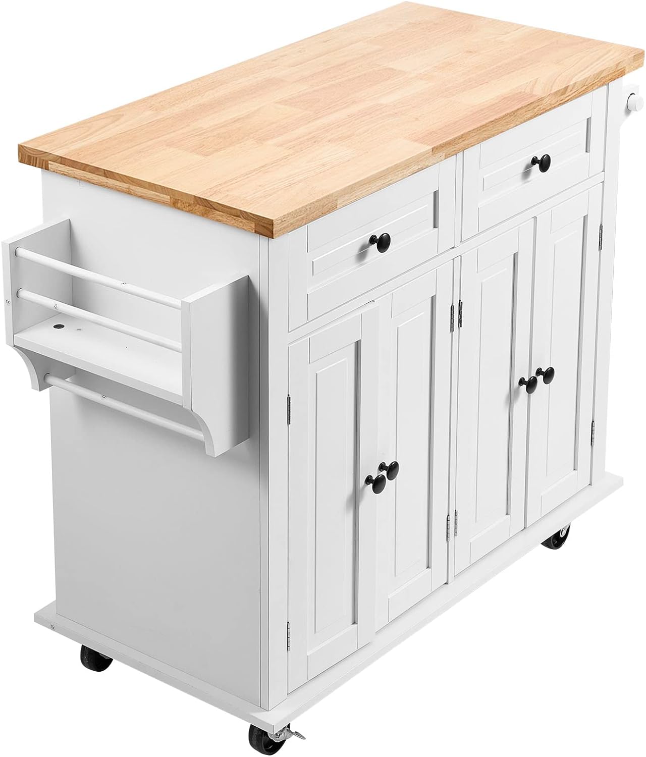 VEVOR Kitchen Island Cart with Solid Wood Top, 35.4' Width Mobile Carts with Storage Cabinet, Rolling Kitchen Table with Spice Rack, Towel Rack, and Drawer, Portable Islands on Wheels, White