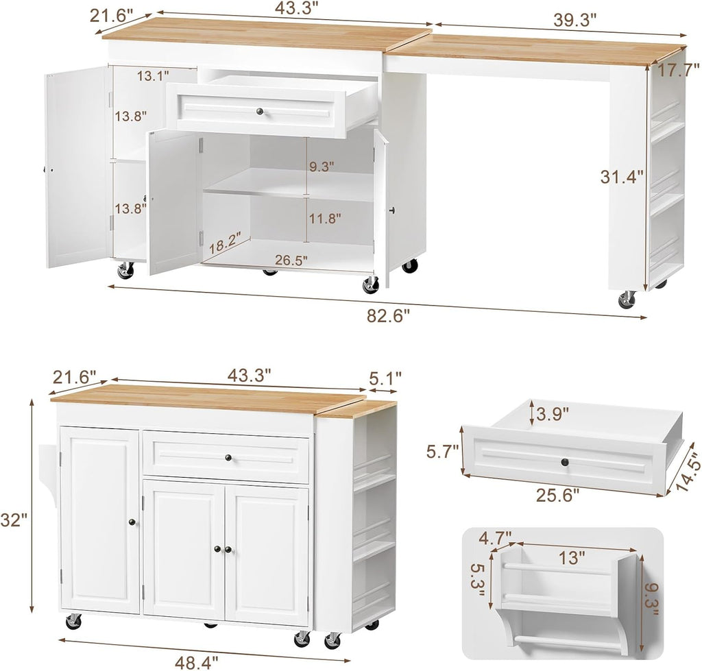 83' Expandable Kitchen Island on Wheels with Storage & Dining Table, Mobile Kitchen Cart with Cabinet, 3 Shelves & Drawers, Black (Extends from 48.4' to 82.6') (White)