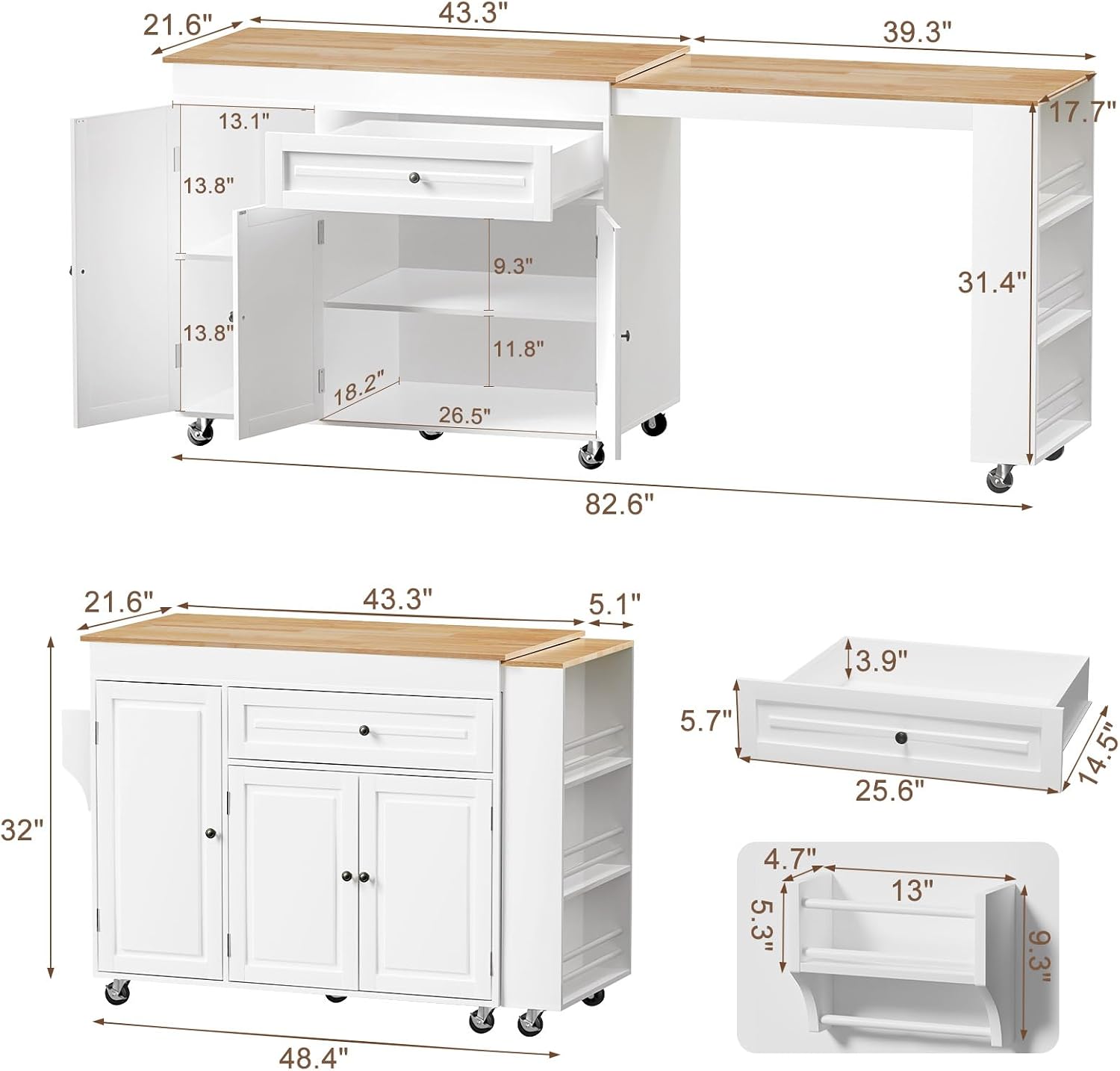 83' Expandable Kitchen Island on Wheels with Storage & Dining Table, Mobile Kitchen Cart with Cabinet, 3 Shelves & Drawers, Black (Extends from 48.4' to 82.6') (White)