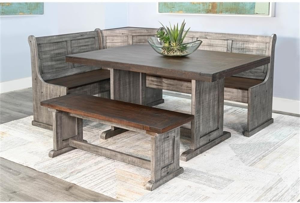 Pemberly Row 3-Piece Traditional Solid Wood Breakfast Nook Set with Table, Storage Space, Foldable Corner Shelf, Fit Any Space Blending Style and Function, in Gray & Brown Finish