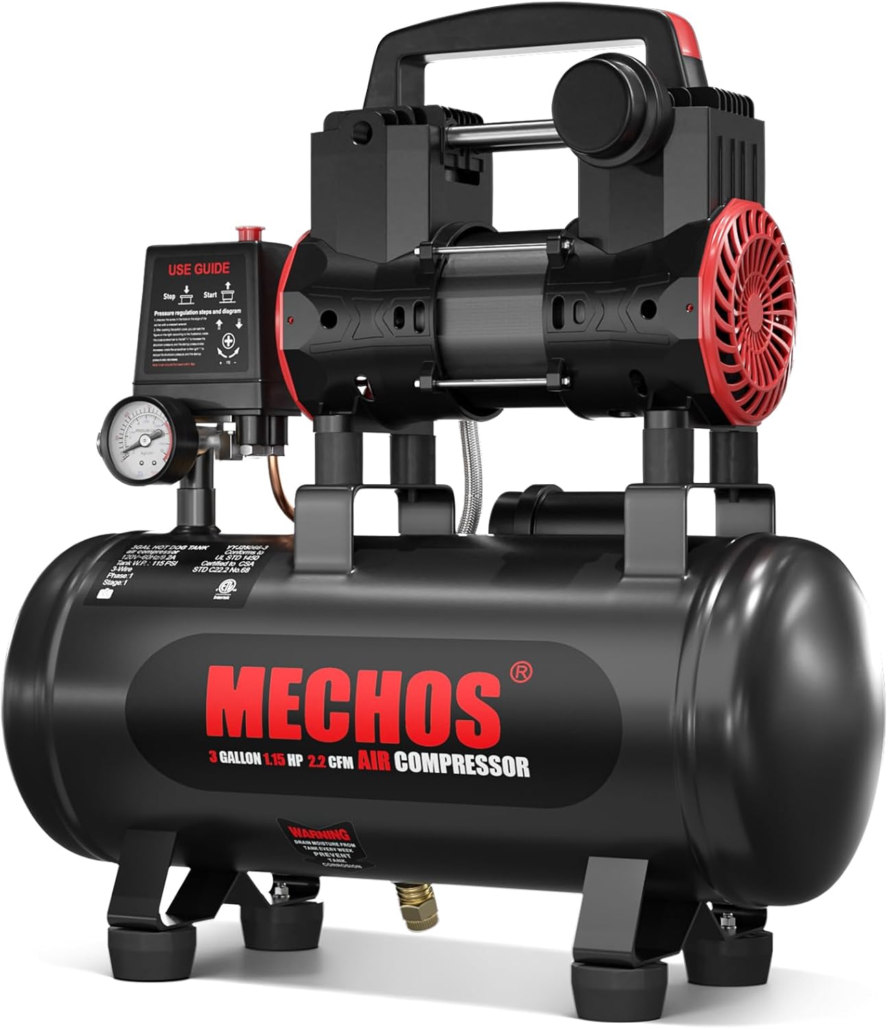 Portable Air Compressor with 3 Gallon Steel Tank, 1.15 HP 2.2 CFM @ 90 PSI, 116 Max PSI Oil-Free Air Compressor for Garage, Home Use, Tire Inflation, Nail Gun, DIY Projects,110V