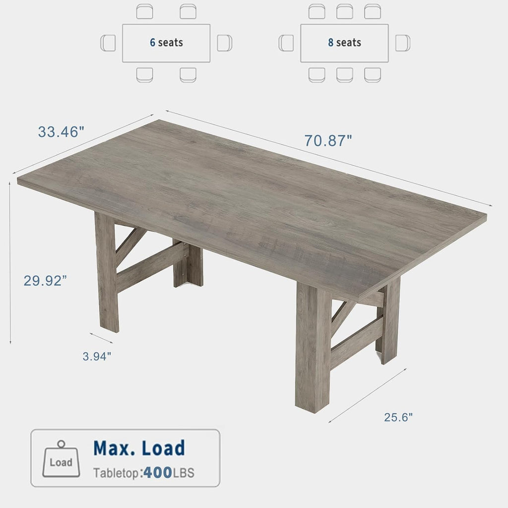 Garvee Wood Farmhouse Dining Table for 6-8, Heavy Duty Large Kitchen Table, 70.87' Long Rectangular Dining Room Tables with Strong Legs, Thickness Tabletop, for Big Family, Dinette, Rustic Gray
