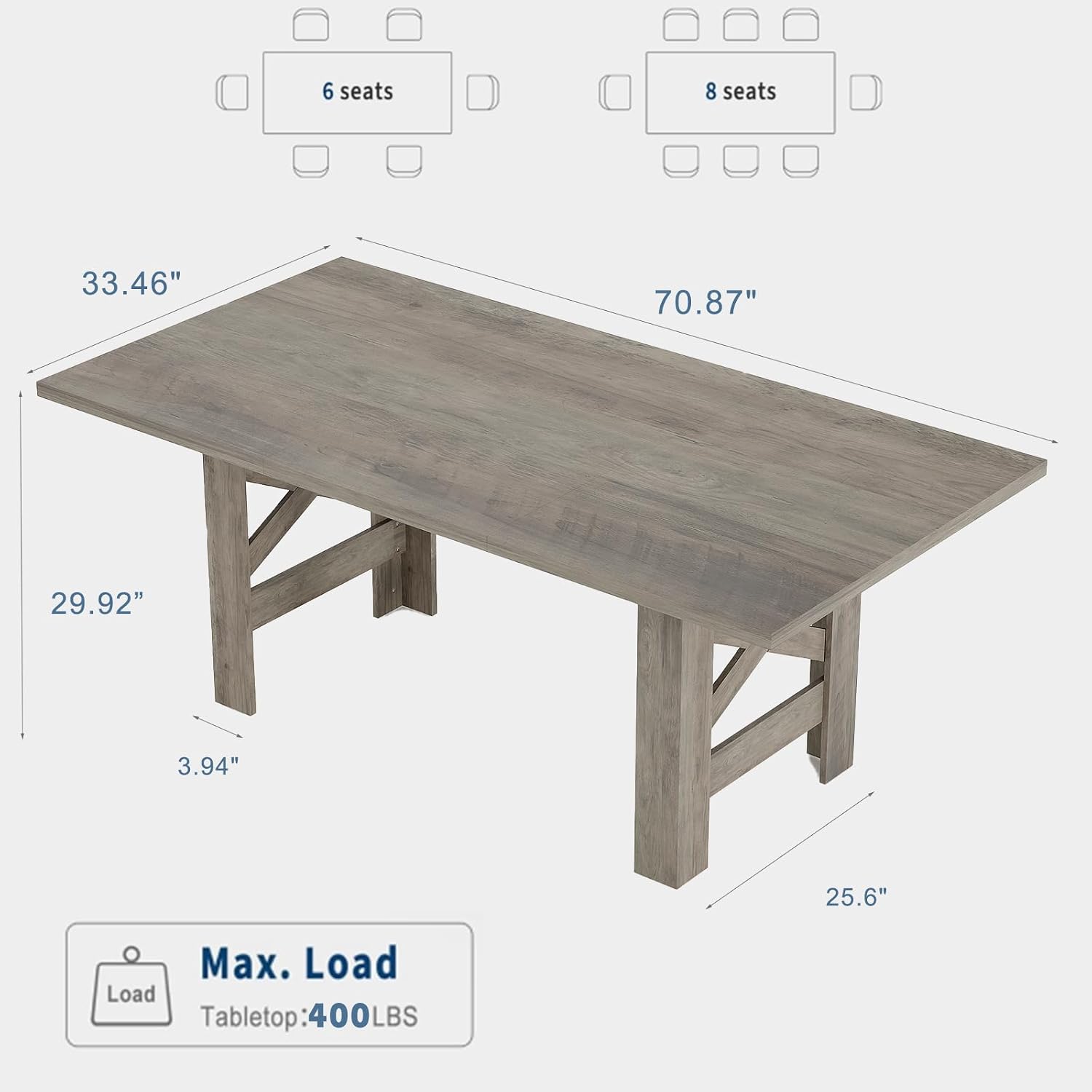 Garvee Wood Farmhouse Dining Table for 6-8, Heavy Duty Large Kitchen Table, 70.87' Long Rectangular Dining Room Tables with Strong Legs, Thickness Tabletop, for Big Family, Dinette, Rustic Gray