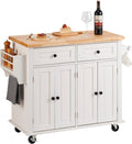 VEVOR Kitchen Island Cart with Solid Wood Top, 35.4' Width Mobile Carts with Storage Cabinet, Rolling Kitchen Table with Spice Rack, Towel Rack, and Drawer, Portable Islands on Wheels, White