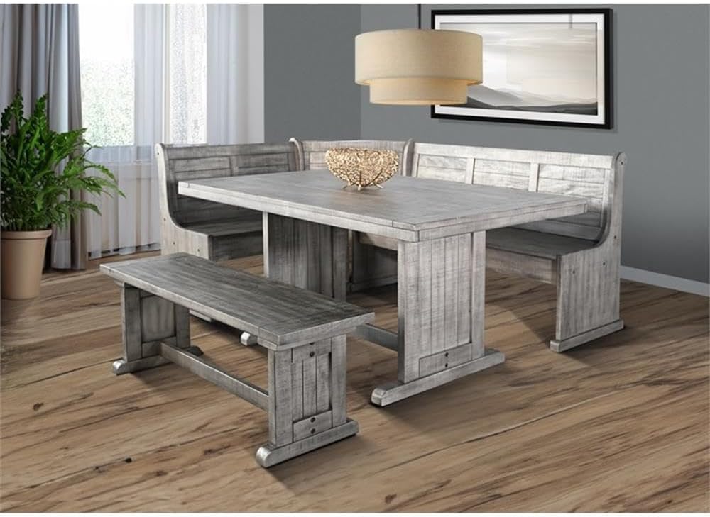 Pemberly Row 4-Pieces Dining Set Wood, Rectangular in Alpine Gray (36' H x 75' W x 56' D) for Kitchen, Dining Room with Table, Reversable Benches, and Storage Space