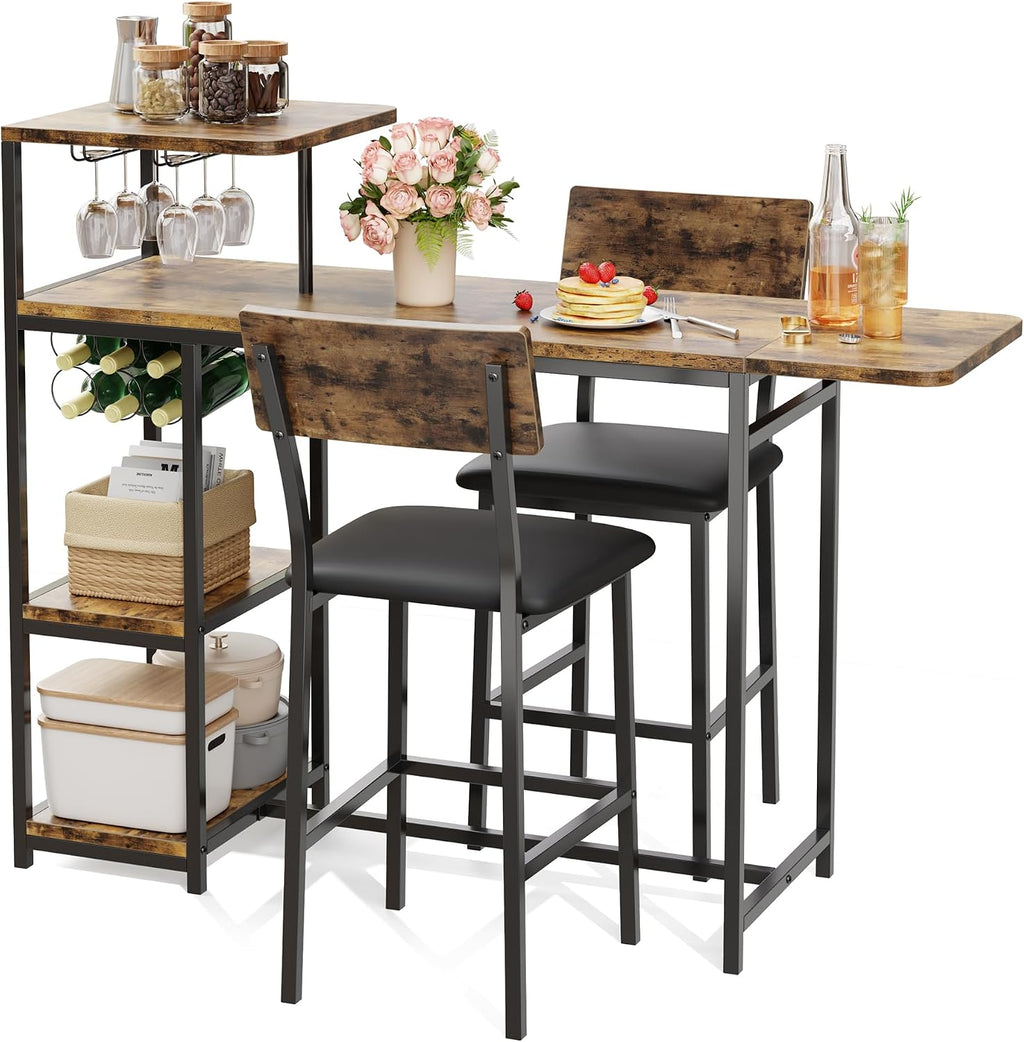 Garvee Dining Table Set for 2, 3-Piece Expandable Bar Table and Chairs Set, with Storage Shelves and Wine Rack, Small Kitchen Dining Set for Living Room, Apartment