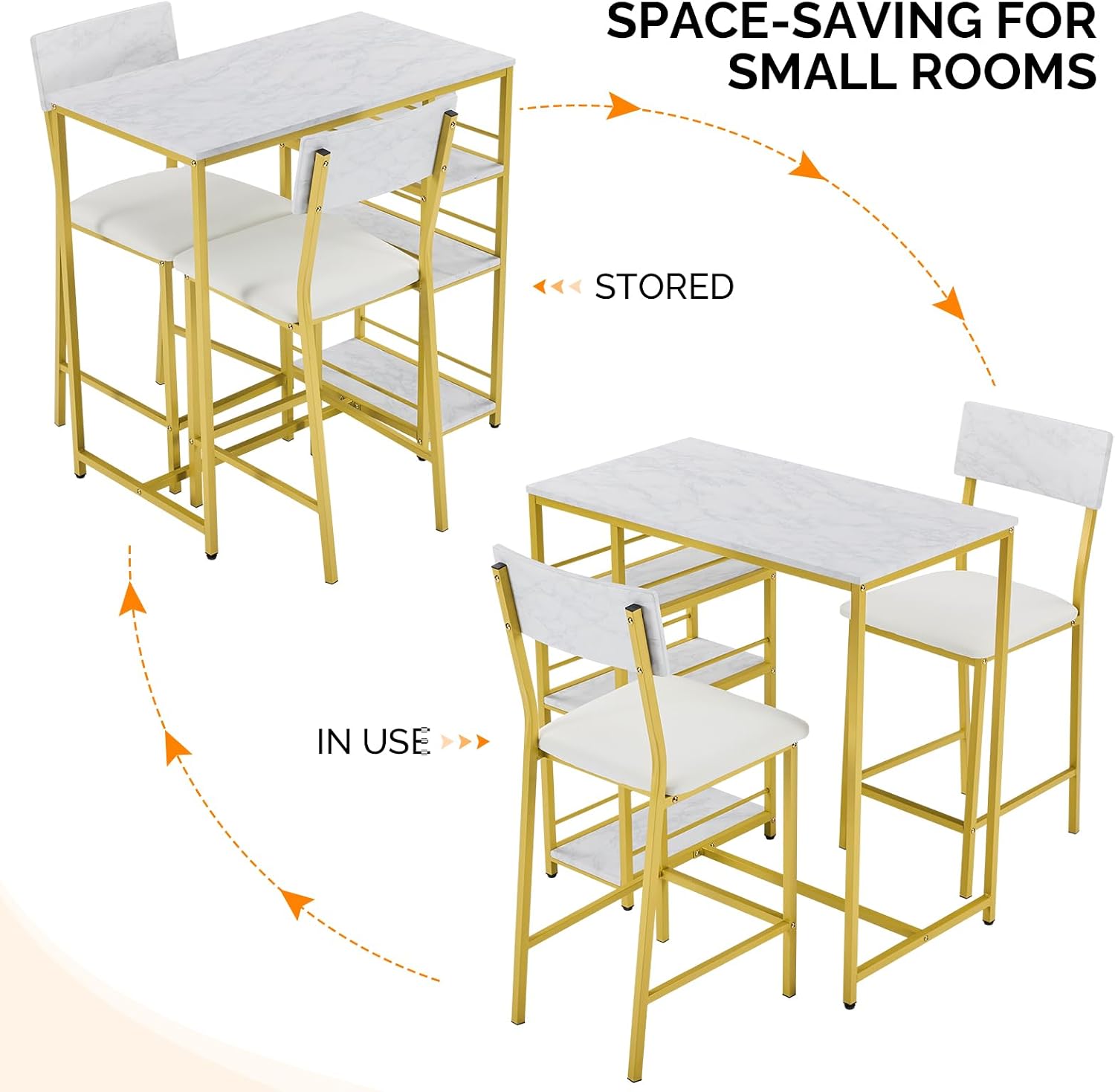 VINGLI Dining Table Set for 2, Kitchen Breakfast Counter Height Small 3 Piece Bar Table and Chairs Set with Storage, White Imitation Marble, Golden Frame