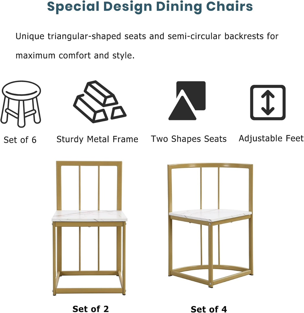 Metal 7 Piece Kitchen Dining Table Set with Chairs for Saving Space Metal Dining Room Table Set for 6 Persons, Golden White
