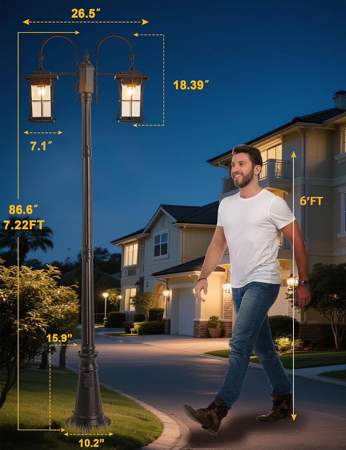 Dusk to Dawn Outdoor Lamp Post Light with Outlet, Electric 2-Head Outdoor Pole Light Farmhouse Street Light Post for Outside Waterproof Black Exterior Pillar Lantern for Garden Patio Driveway